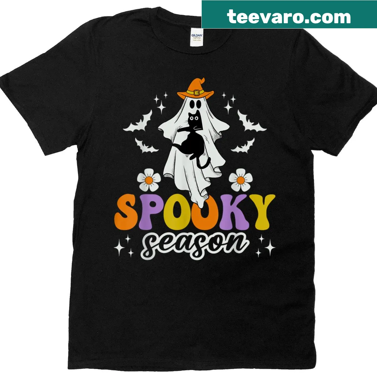 Whimsical Halloween t-shirt featuring a ghost holding a black cat — on a men's t-shirt