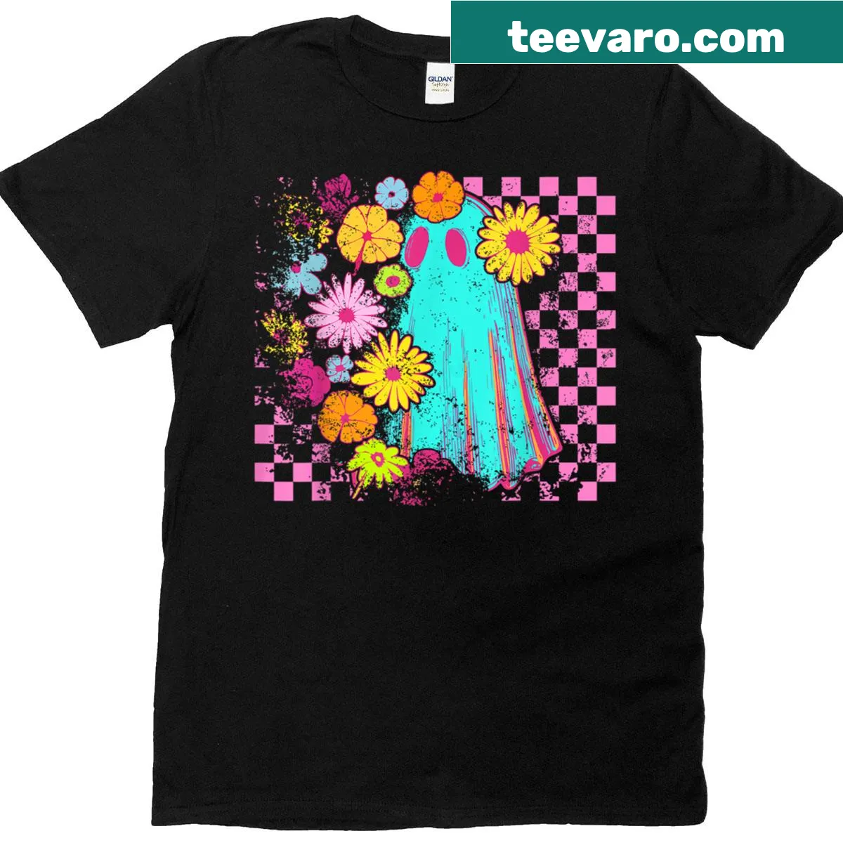 Vintage Halloween T-shirt featuring a funny ghost and wildflowers — on a men's t-shirt