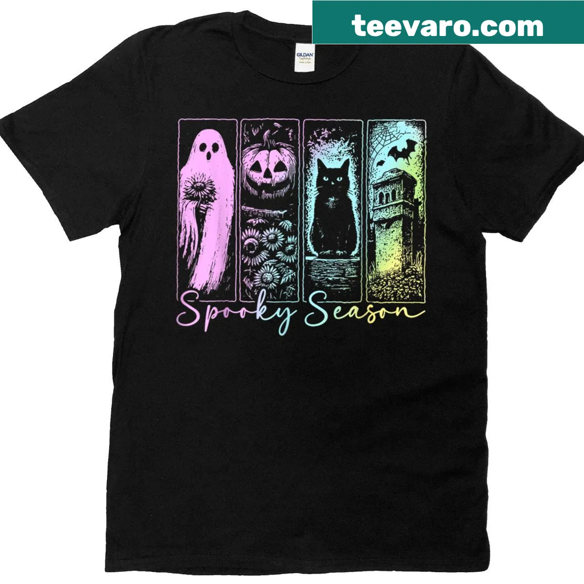 Retro Halloween t-shirt with black cat, ghost, and pumpkin design — on a men's t-shirt