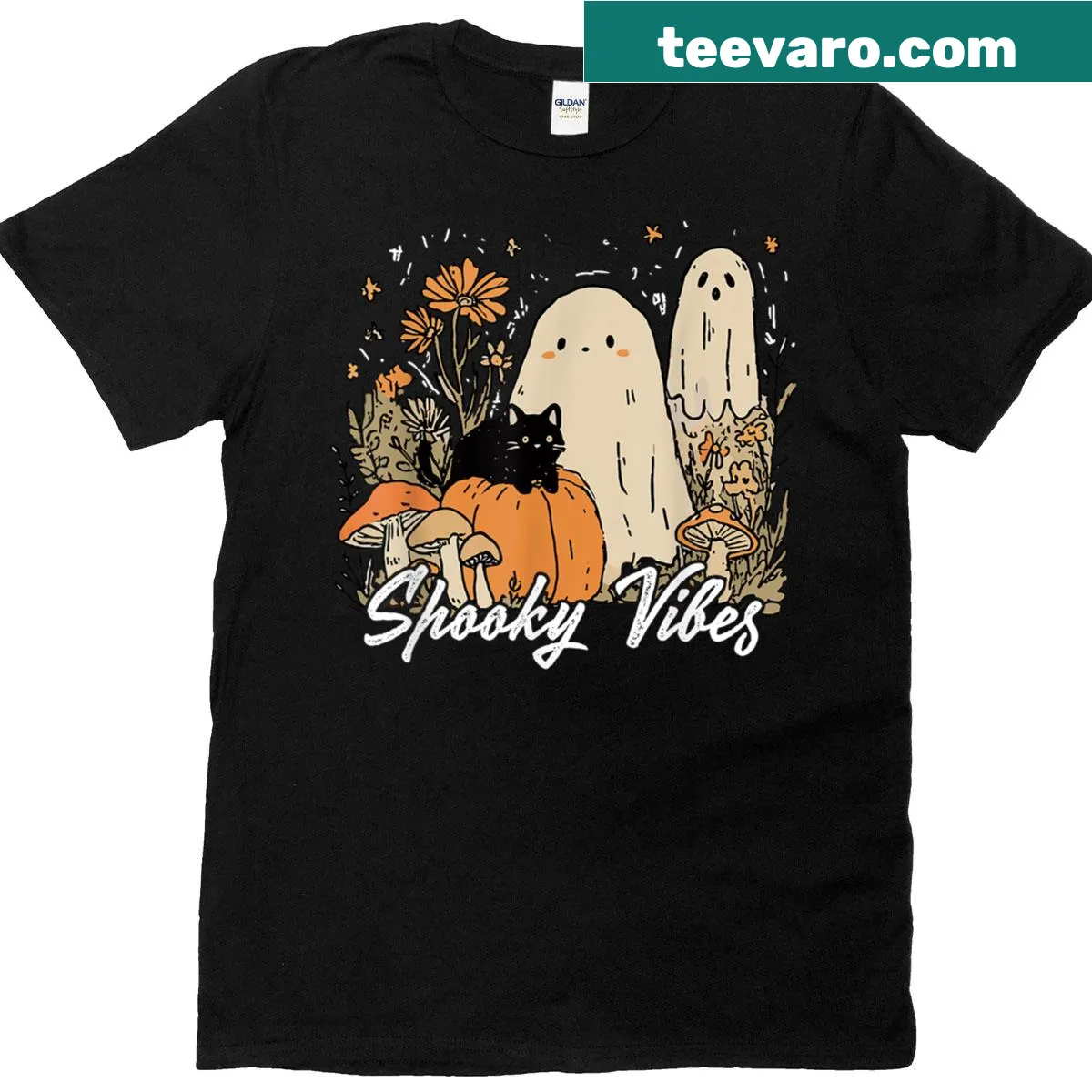 Charming Halloween t-shirt with floral ghost and pumpkins design — on a men's t-shirt