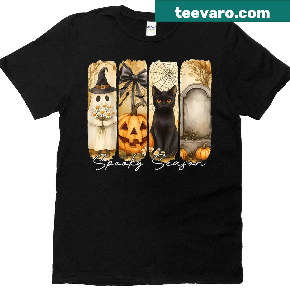 Vintage-style Halloween t-shirt featuring a ghost, pumpkin, and cat. — on a men's t-shirt