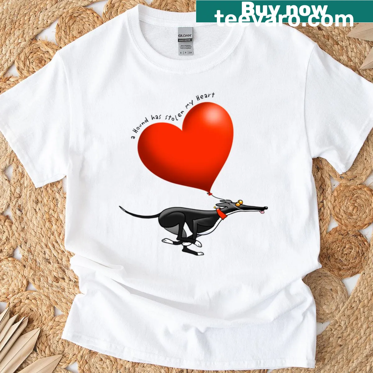 T-shirt featuring an illustration of an endearing black hound — on a men's t-shirt
