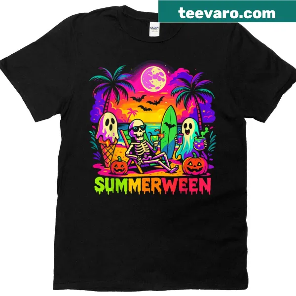 Illustrated T-shirt with a skeleton and ghost enjoying a beach day, Summer Halloween theme.