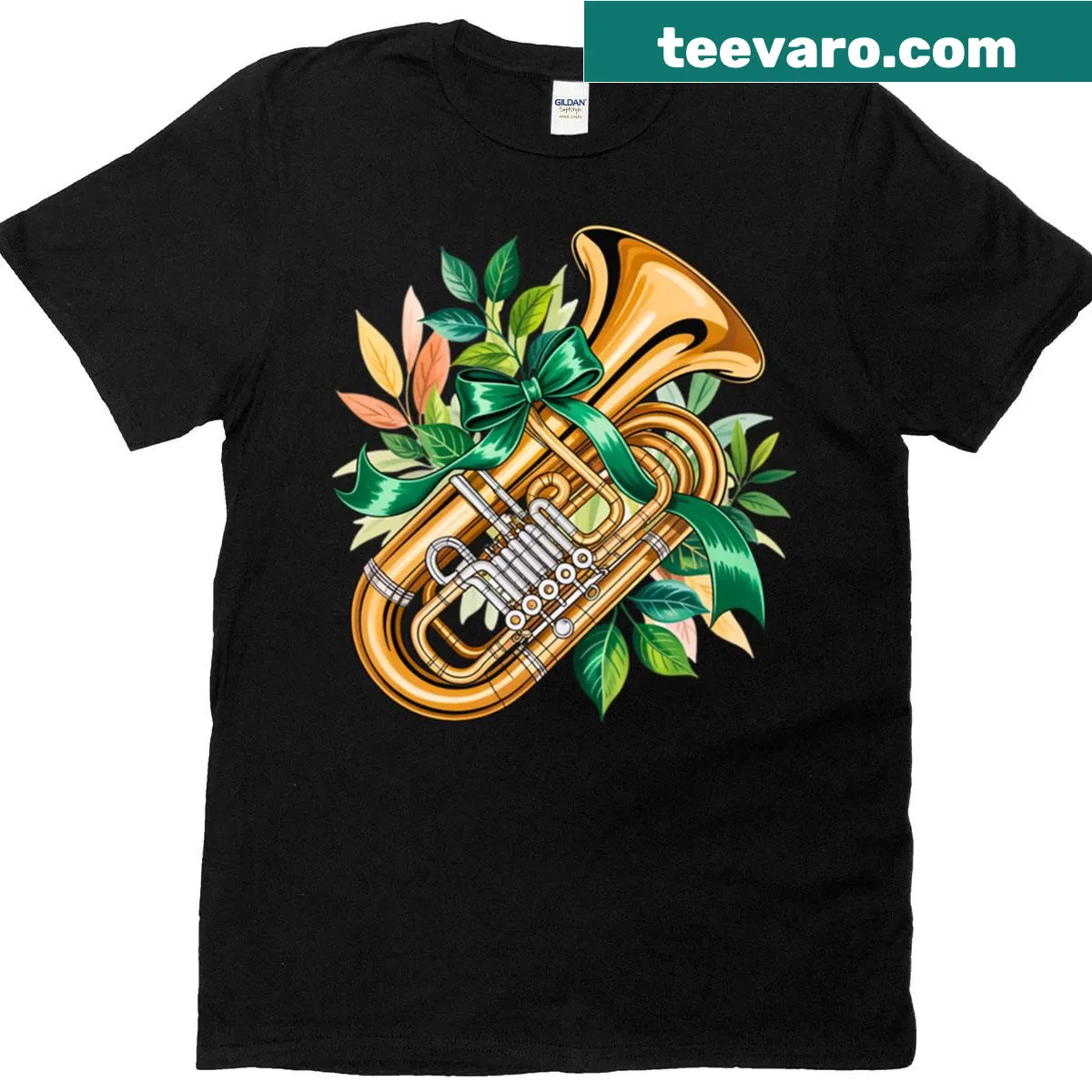 Whimsical tuba graphic with floating musical notes on a summer t-shirt — on a men's t-shirt