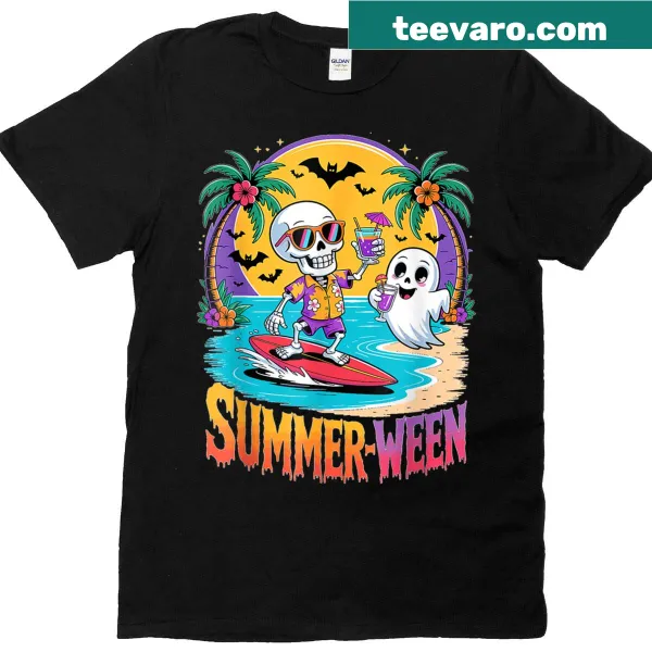 T-shirt featuring a skeleton and ghost at the beach, combining summer and Halloween themes humorously.