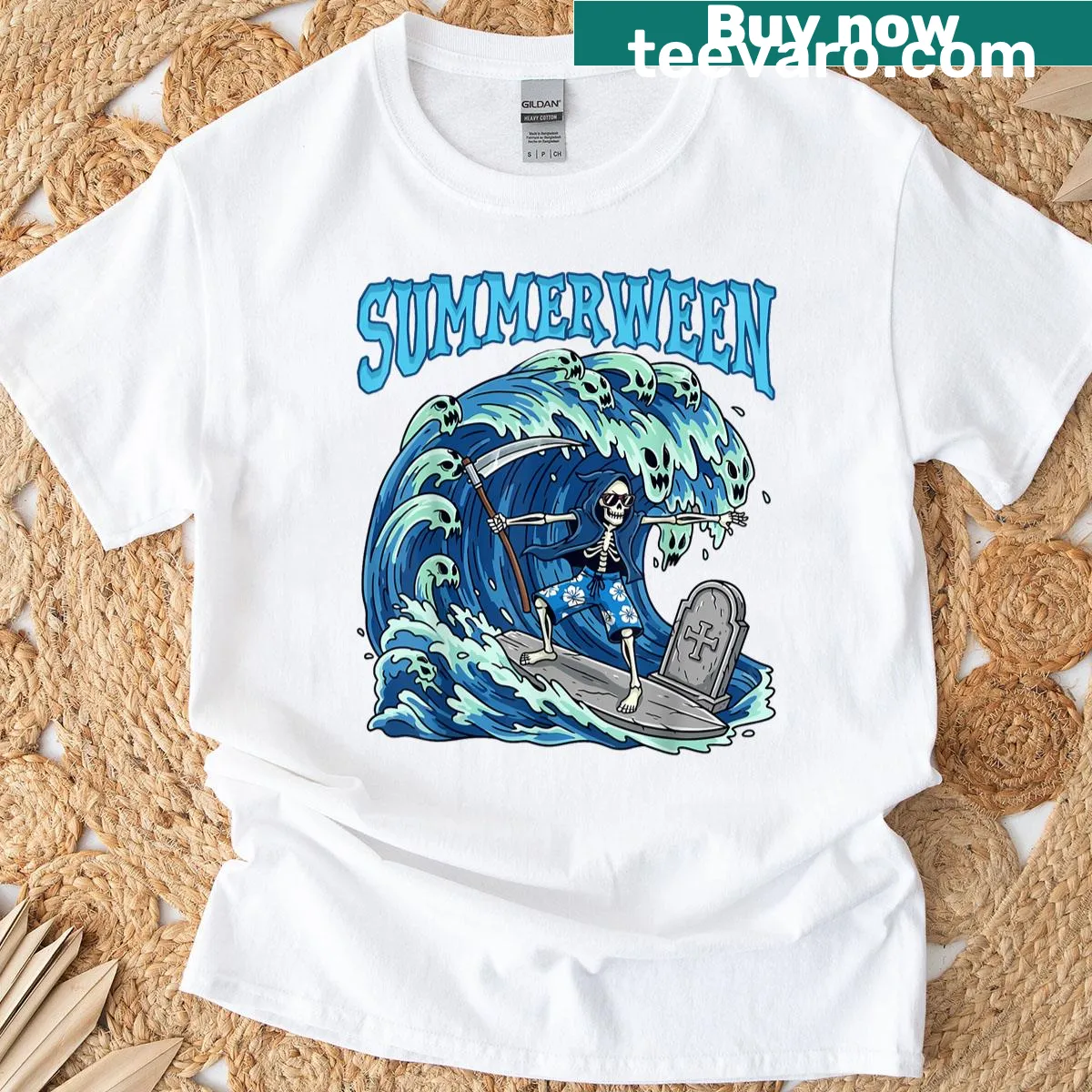 Playful graphic of a skeleton surfing with a grim reaper for Halloween. — on a men's t-shirt