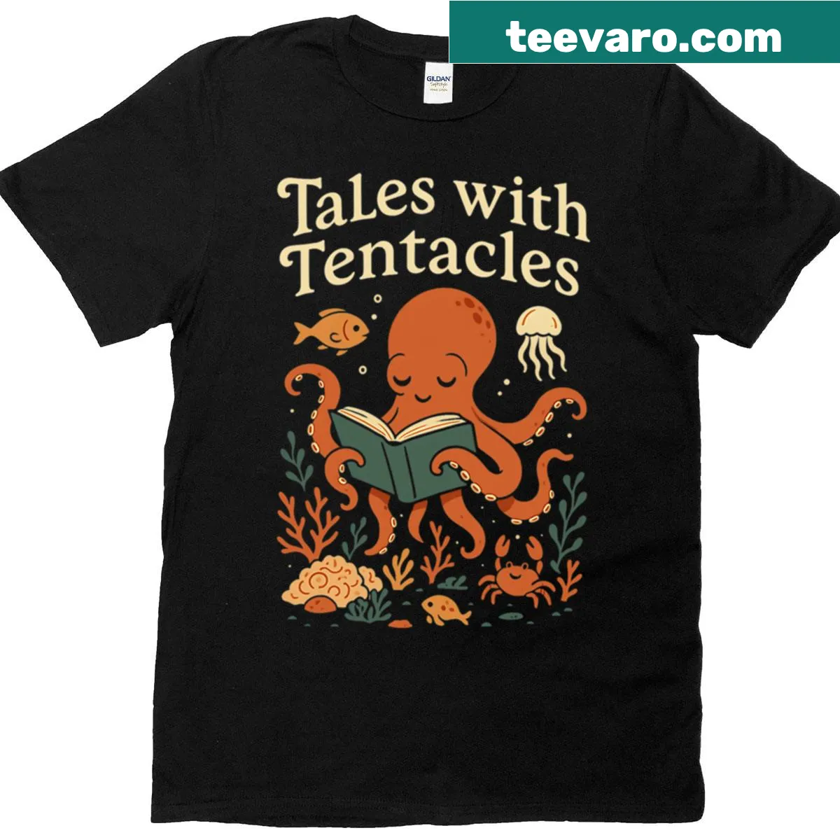 Cute t-shirt featuring an octopus reading a book — on a men's t-shirt