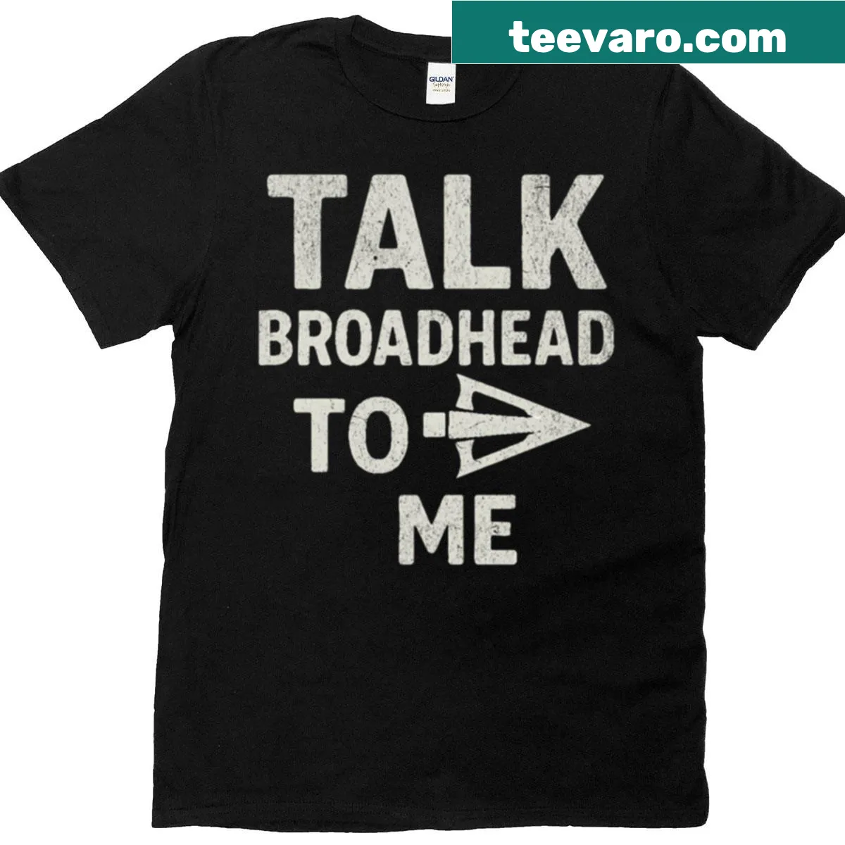 Funny bow hunting t-shirt with 'Talk Broadhead To Me' text design. — on a men's t-shirt