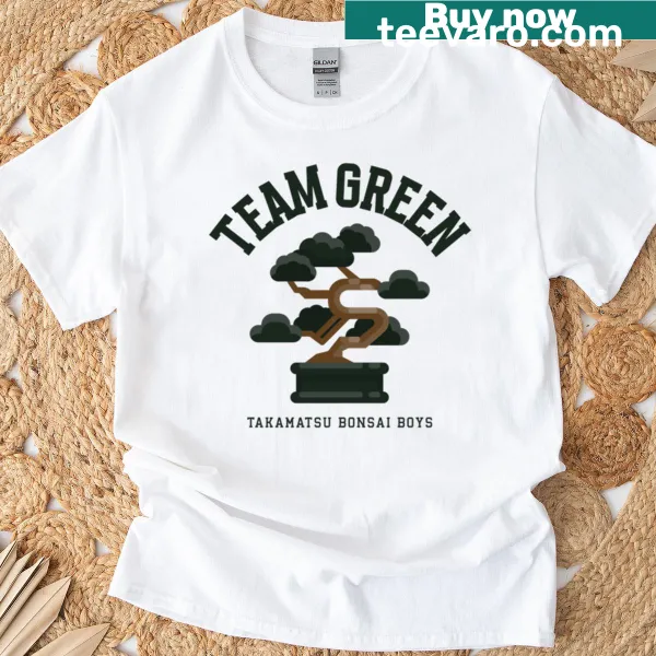 T-shirt featuring illustrations of bonsai trees and gardening