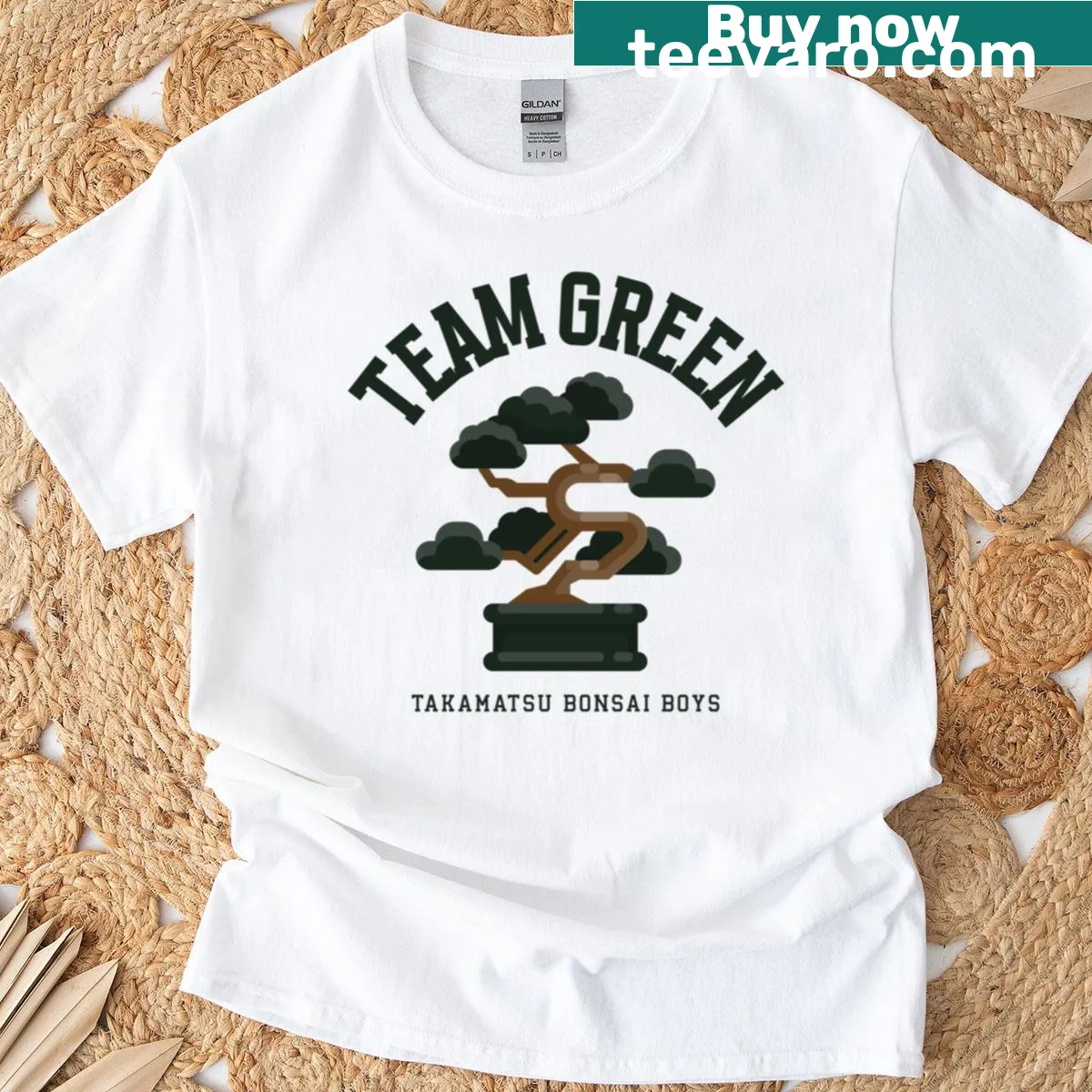 T-shirt featuring illustrations of bonsai trees and gardening — on a men's t-shirt