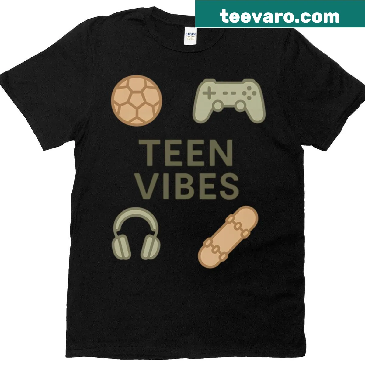 Illustrated t-shirt featuring teen icons for gamers and skaters — on a men's t-shirt