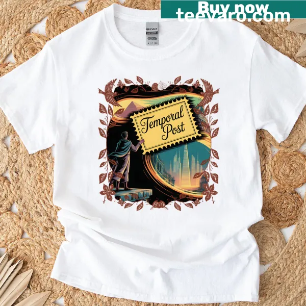 Illustrative shirt featuring whimsical clocks and abstract time-related designs.