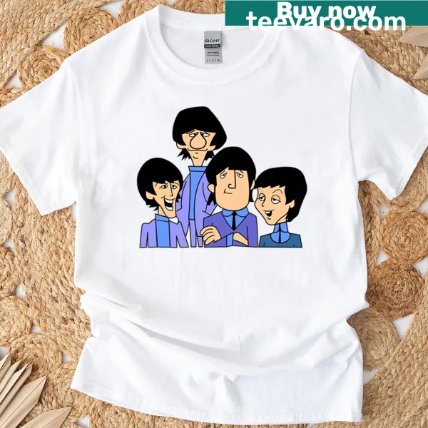 Cartoon t-shirt featuring whimsical illustrations of The Beatles