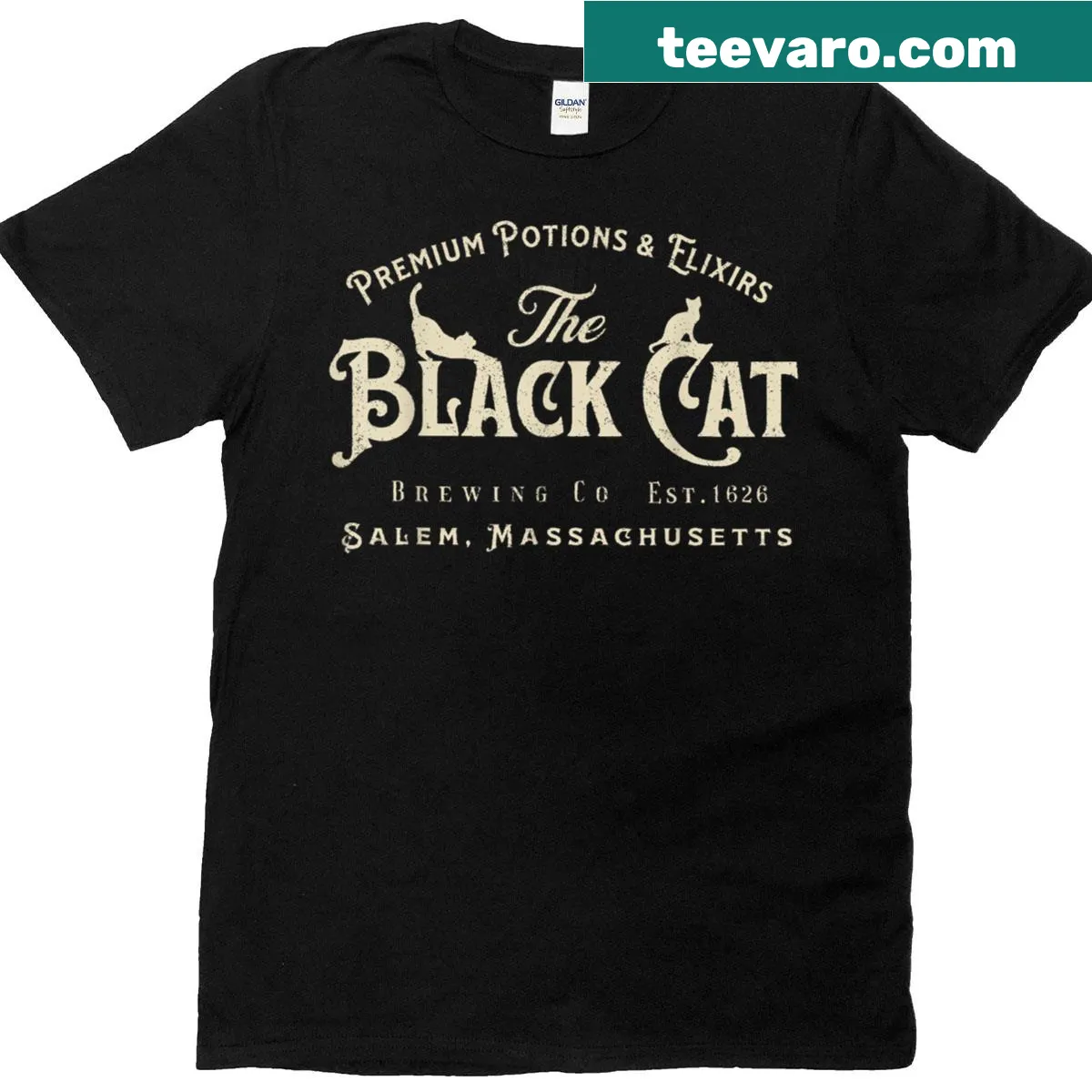 Black cat and Salem Est 1626 Halloween graphic T-shirt — on a men's t-shirt