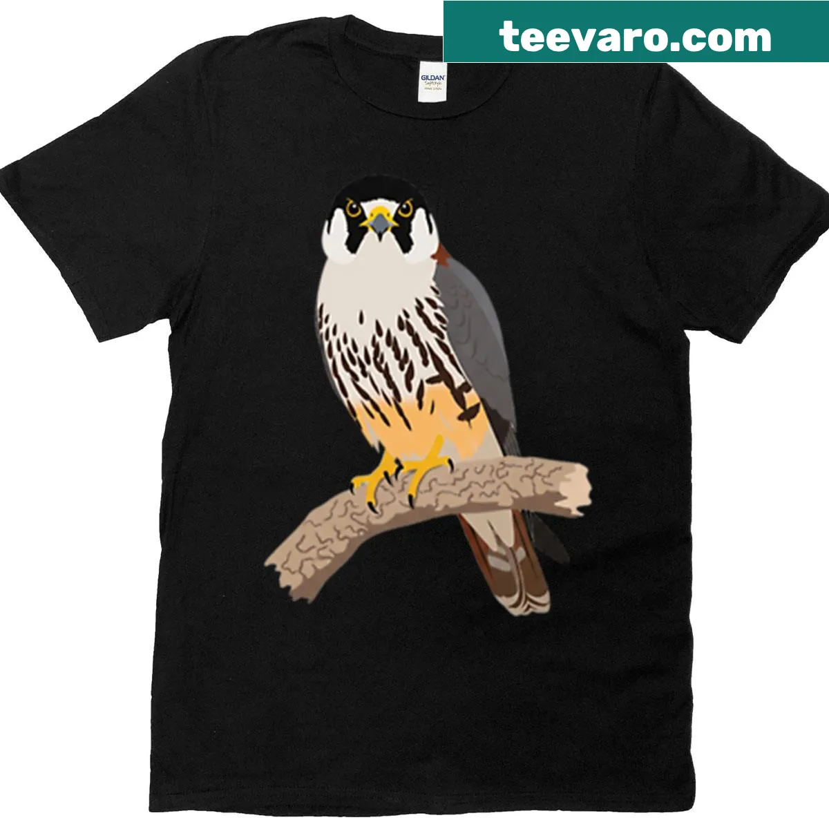 Minimalist line art T-shirt featuring a Eurasian Hobby falcon — on a men's t-shirt