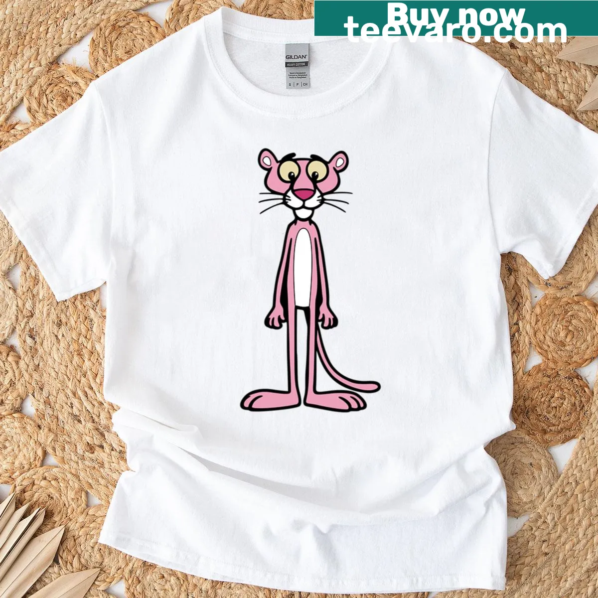 Cartoon T-shirt featuring The Pink Panther design — on a men's t-shirt