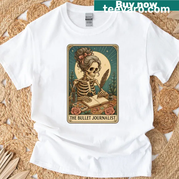 T-shirt featuring a skeleton tarot card illustration with a journalistic twist