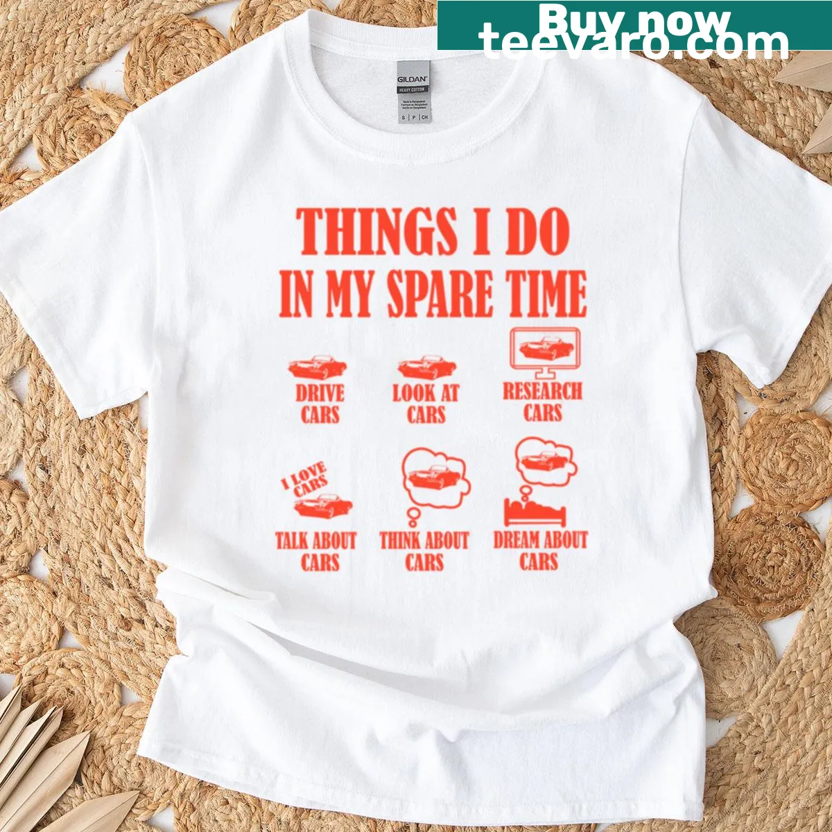 T-shirt listing car-related activities in playful typography — on a men's t-shirt