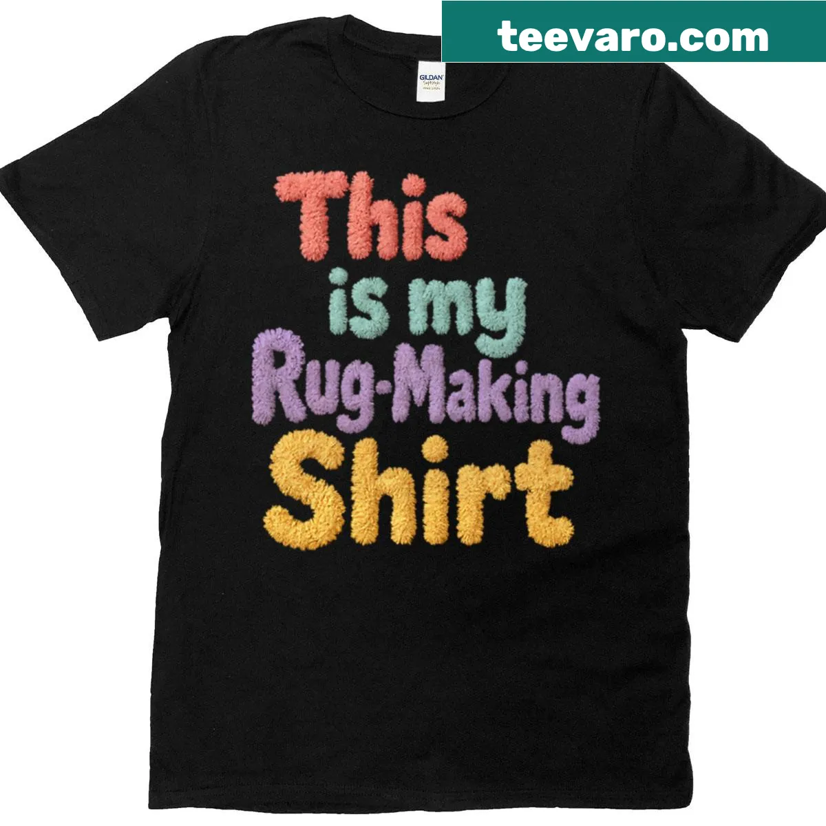 Hand-lettered design for rug-making on a t-shirt. — on a men's t-shirt