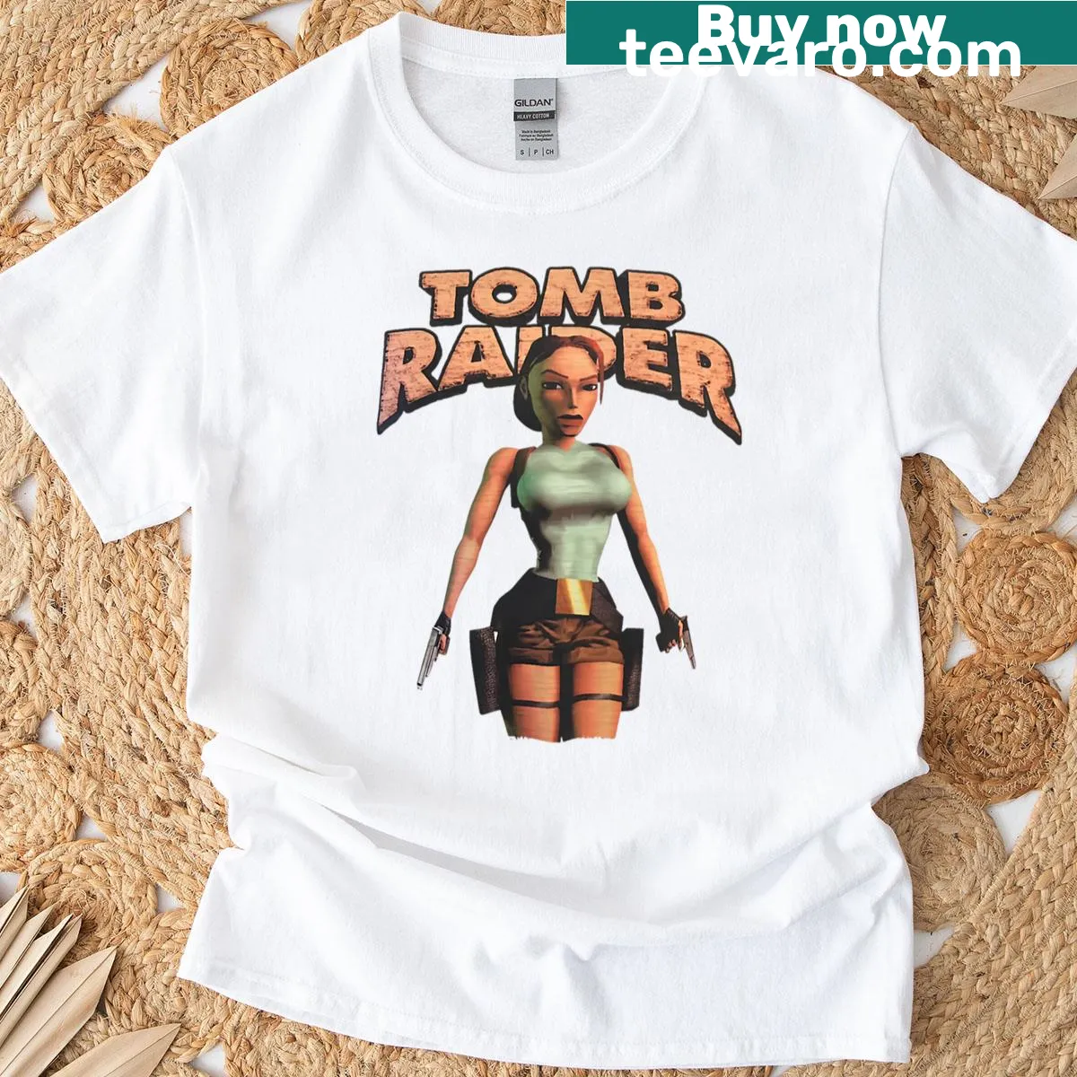 Cartoon T-shirt featuring Lara Croft from Tomb Raider — on a men's t-shirt