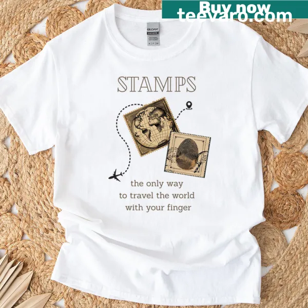 Illustrated travel stamps graphic T-shirt for adventurers
