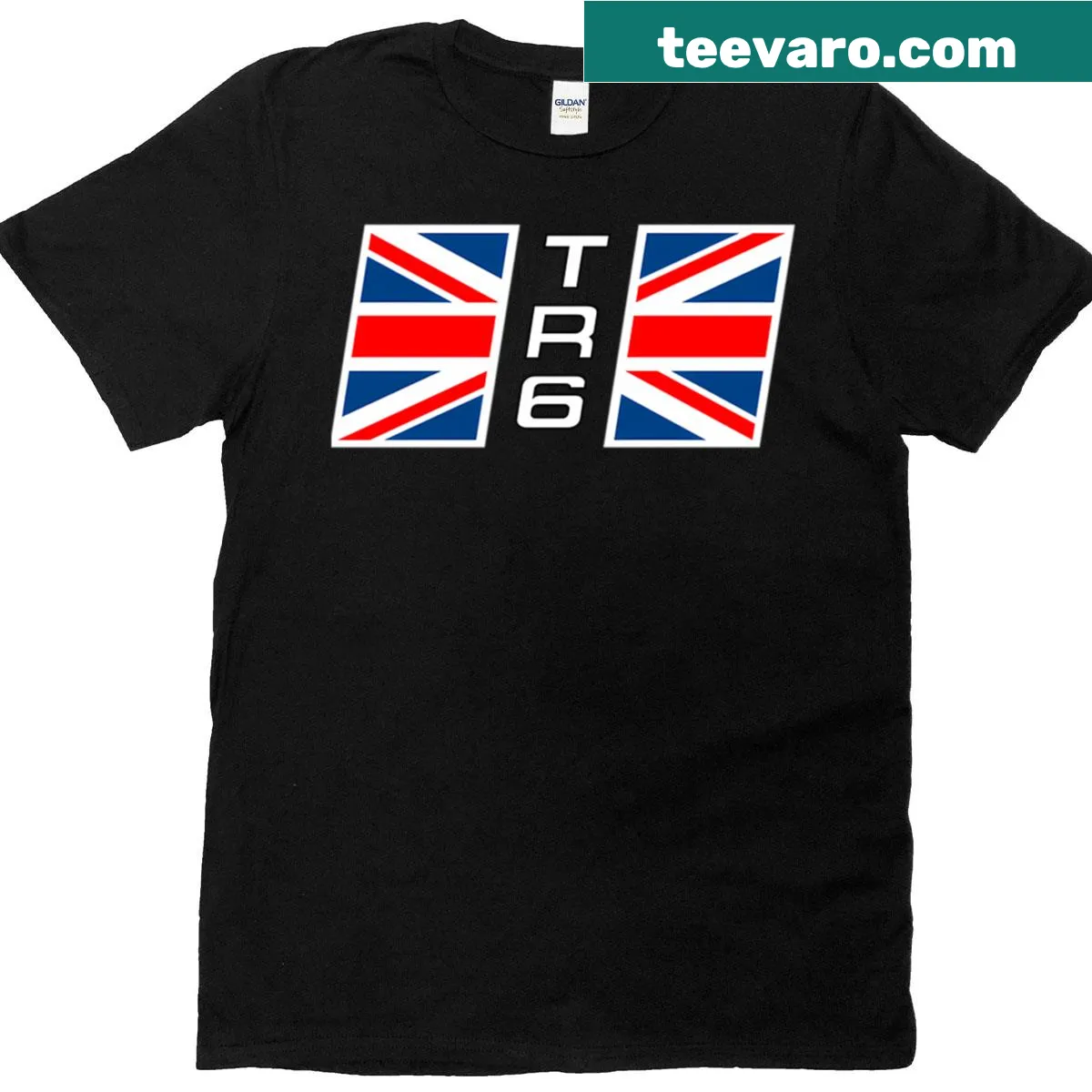 Illustration of a Triumph TR6 rear wing decal with Union Jack — on a men's t-shirt