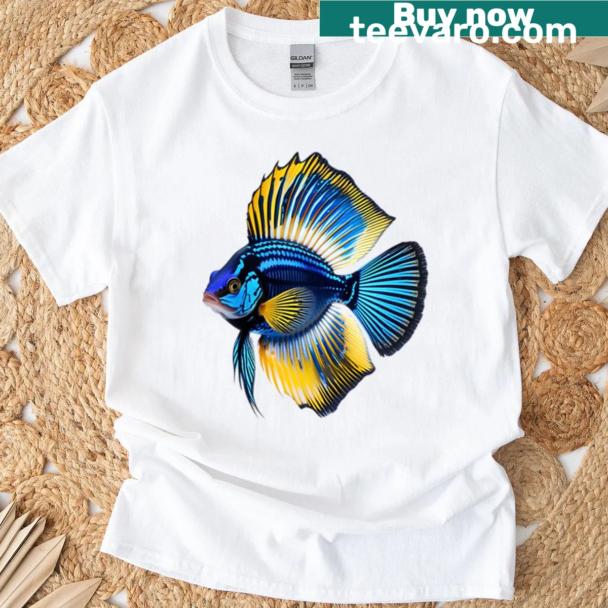 T-shirt featuring tropical cichlids and underwater art — on a men's t-shirt