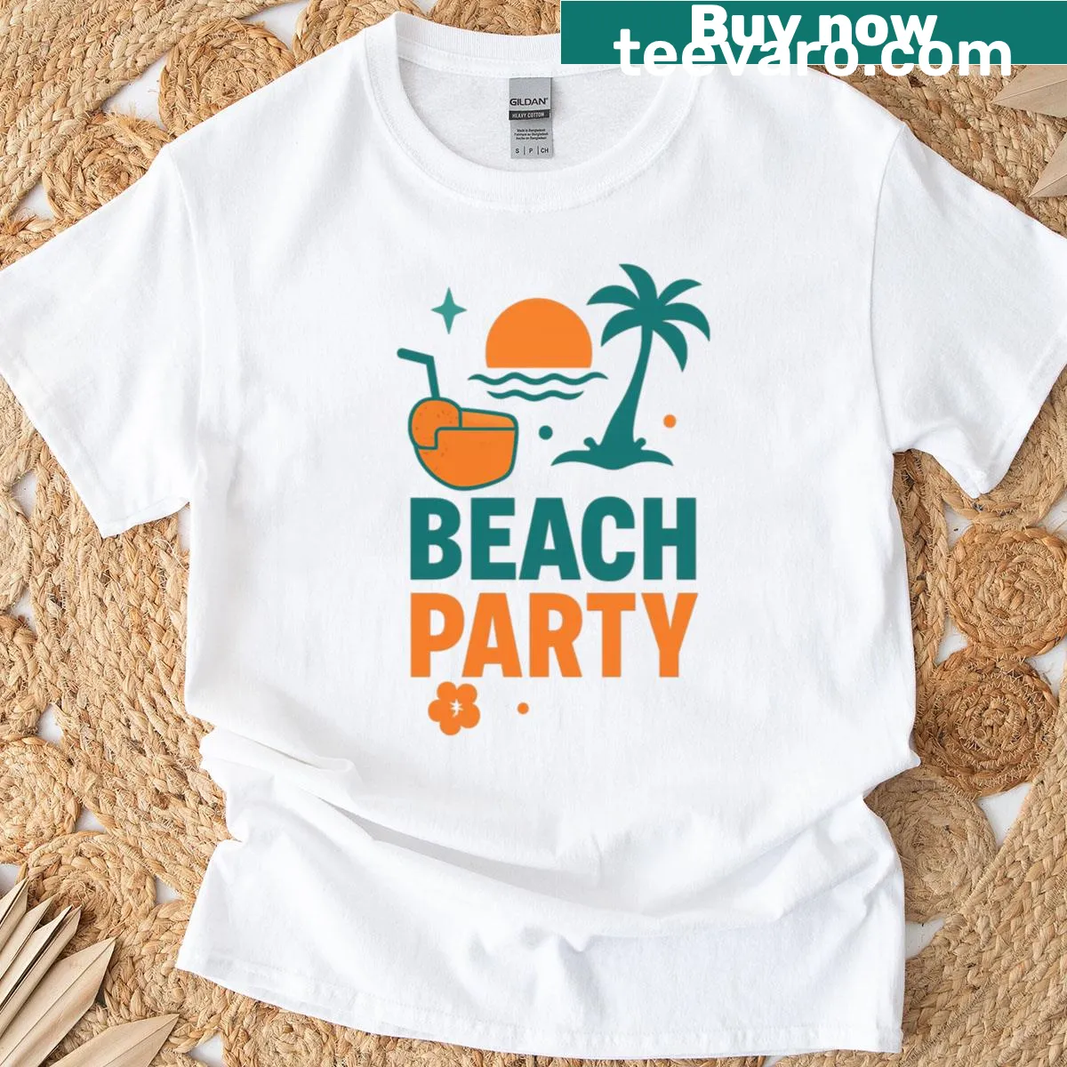 Tropical-themed t-shirt depicting a sunset, perfect for beach parties — on a men's t-shirt