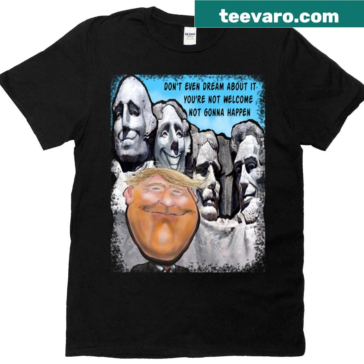 Humorous Trump Mt. Rushmore illustration t-shirt — on a men's t-shirt