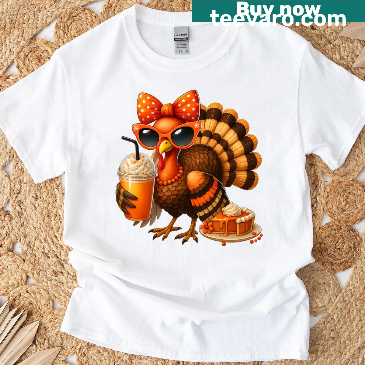 Funny Thanksgiving T-shirt with cartoon turkey drinking coffee — on a men's t-shirt