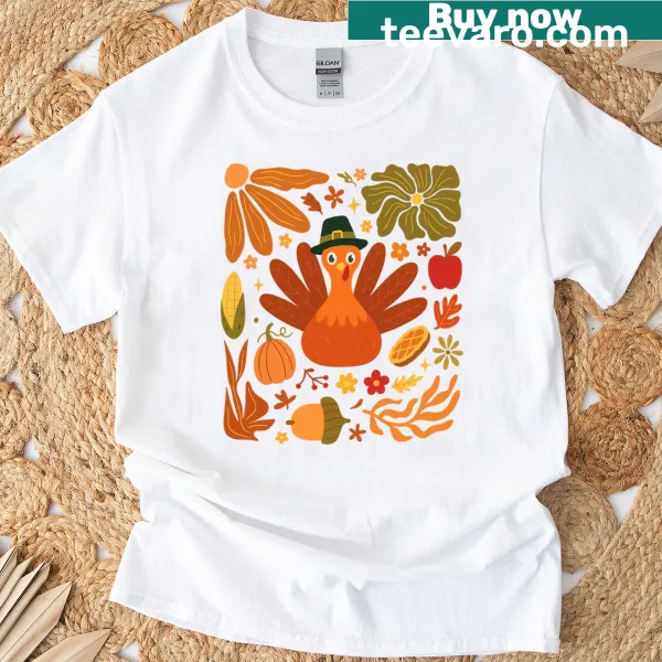 Funny Thanksgiving T-shirt with a cartoon turkey and pumpkin design