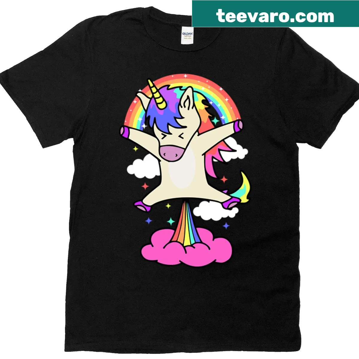 Cartoon unicorn t-shirt with rainbow design and playful theme — on a men's t-shirt