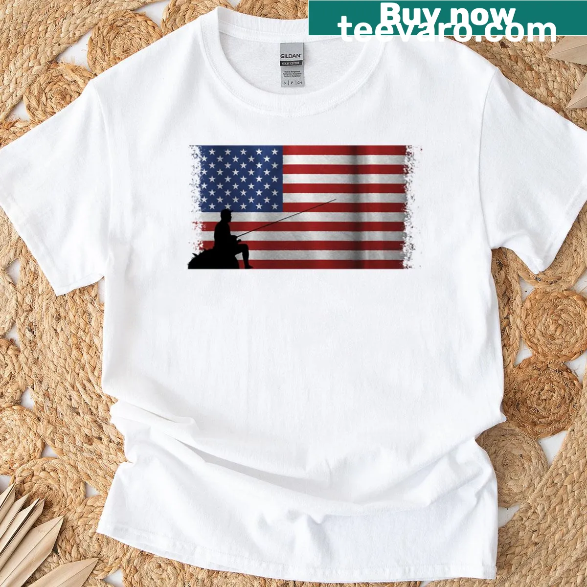 Patriotic T-shirt for fishermen featuring fishing graphics — on a men's t-shirt