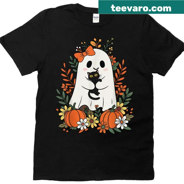 Cute ghost with black cat and pumpkins for Halloween t-shirt