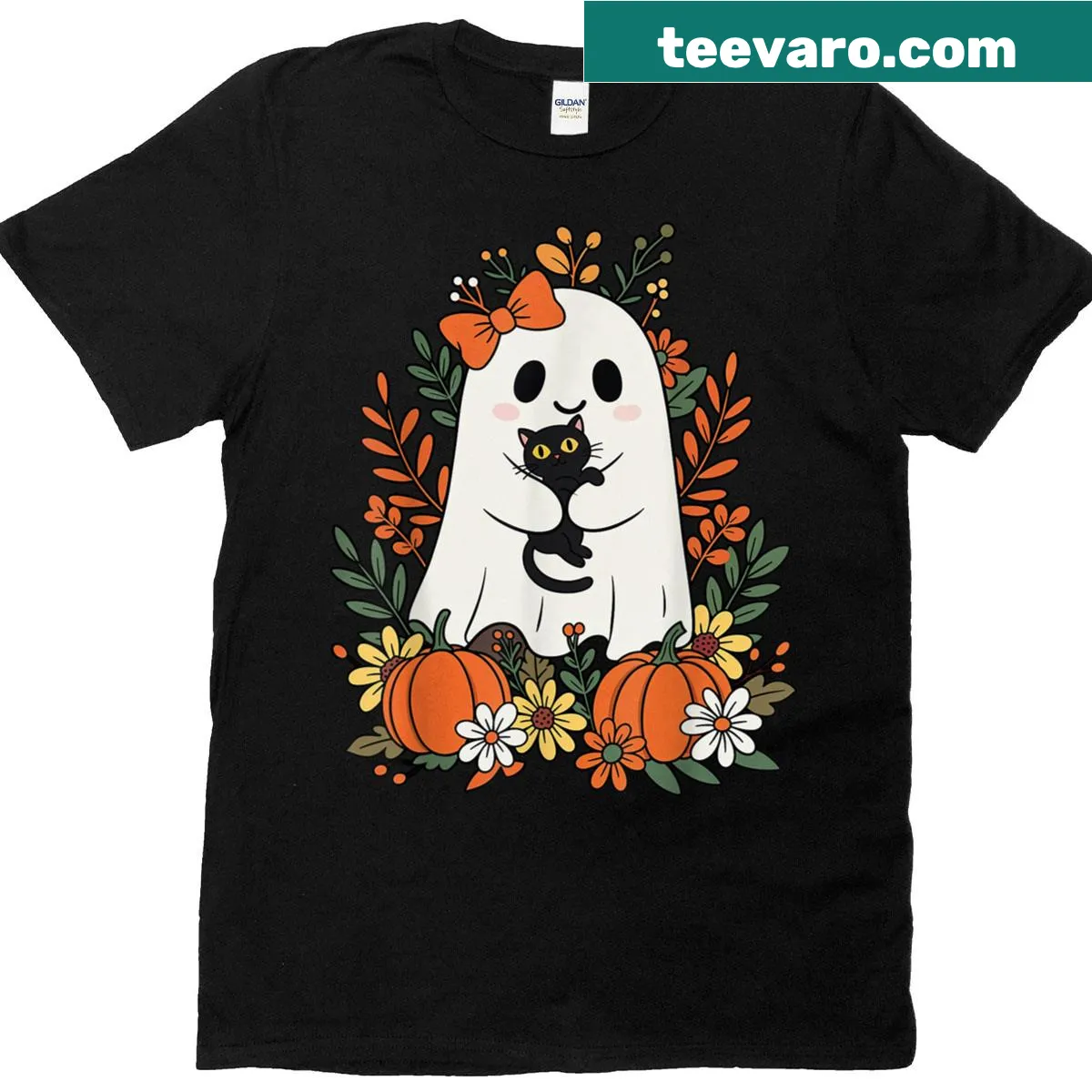 Cute ghost with black cat and pumpkins for Halloween t-shirt — on a men's t-shirt