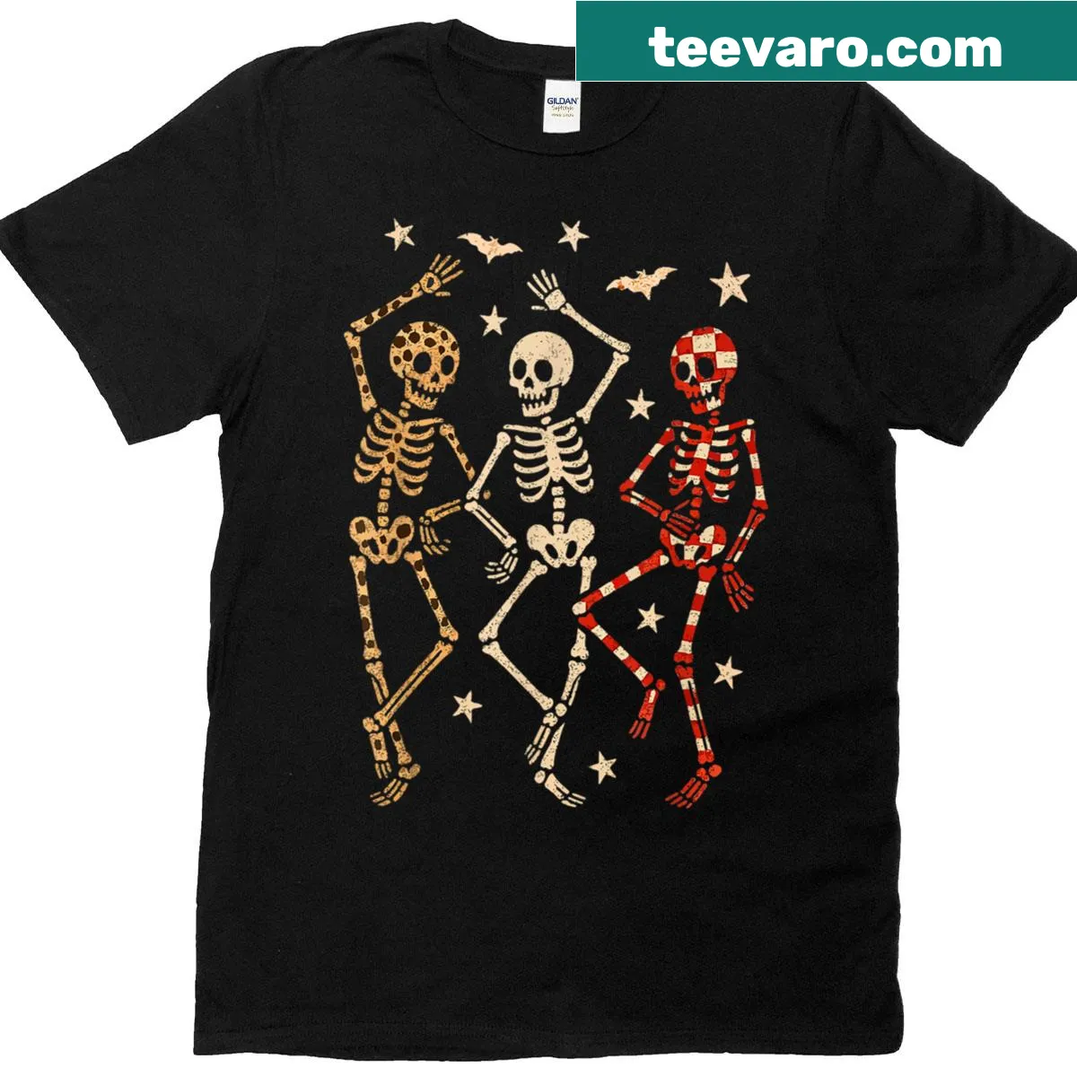 Vintage style shirt featuring dancing skeletons for Halloween — on a men's t-shirt