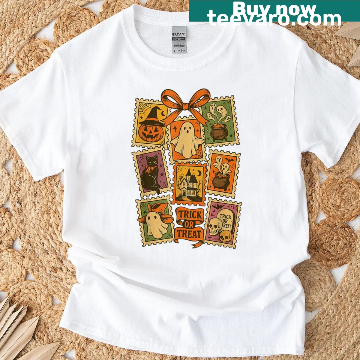 Vintage Halloween cat ghost design on T-shirt — on a men's t-shirt