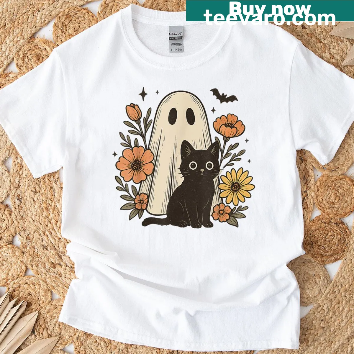 Vintage-style T-shirt featuring a ghost cat and floral design for Halloween — on a men's t-shirt