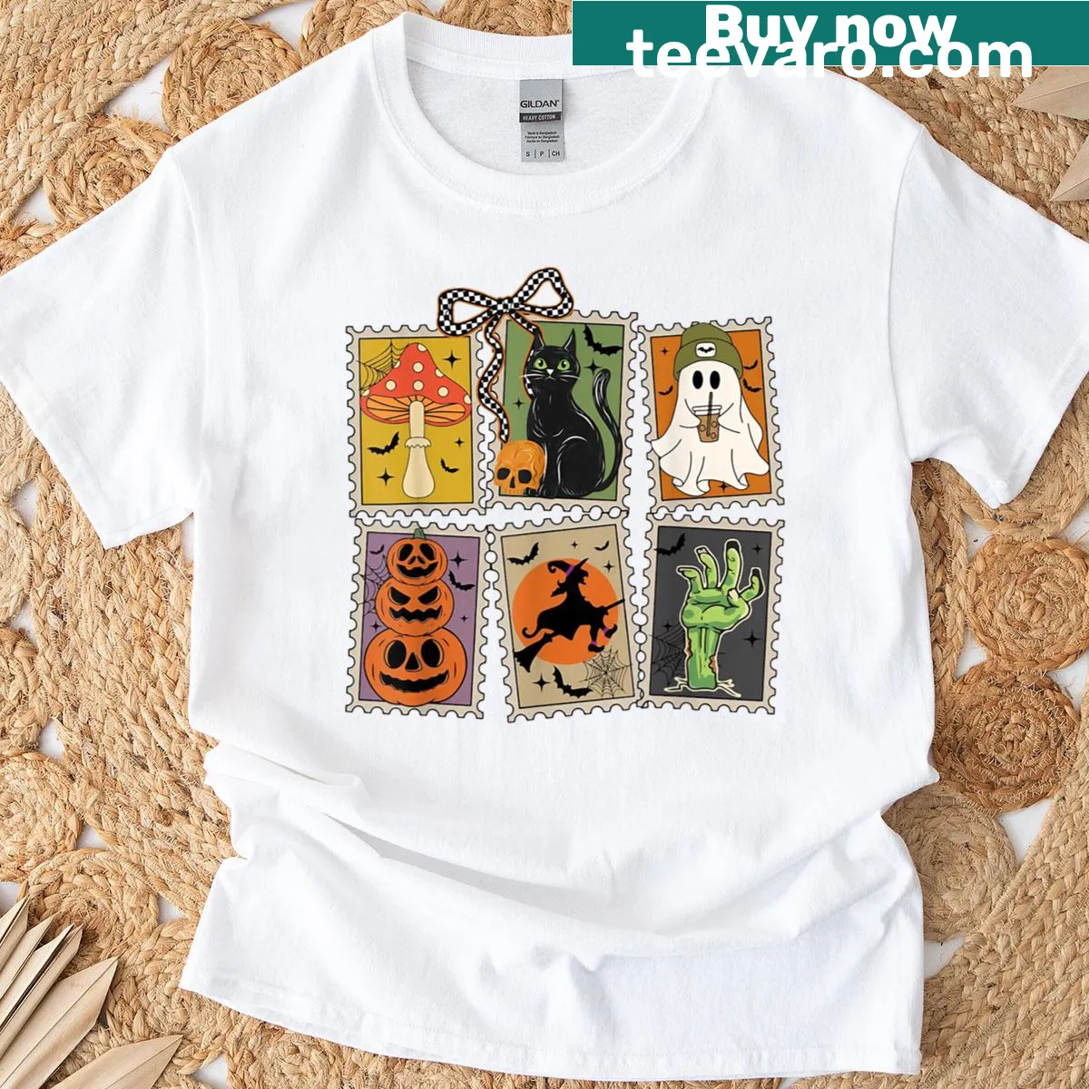 Vintage Halloween T-shirt featuring ghostly pumpkins in a stamp design — on a men's t-shirt