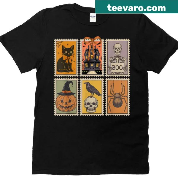 Cute Halloween t-shirt with a ghost, pumpkin, and cat design