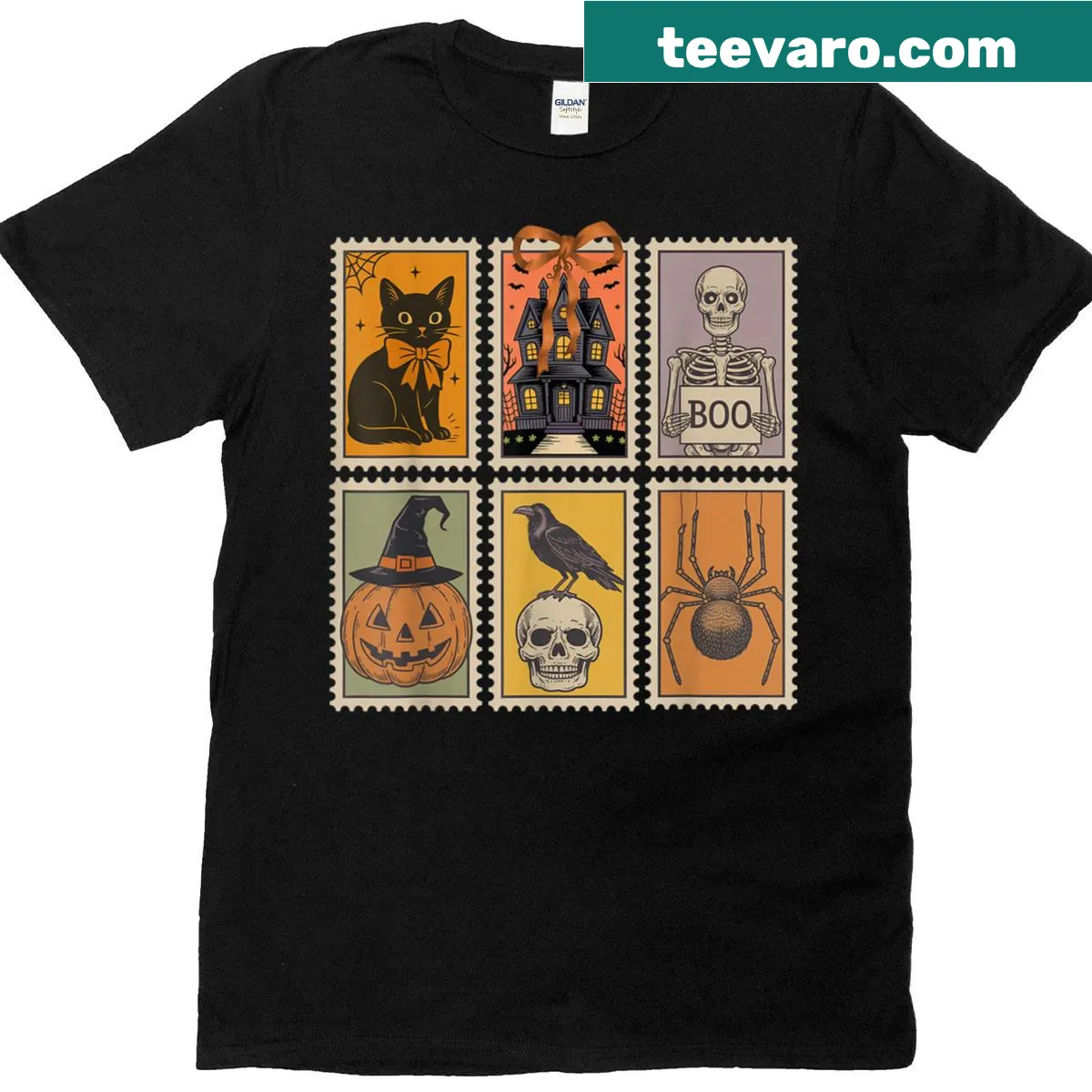 Cute Halloween t-shirt with a ghost, pumpkin, and cat design — on a men's t-shirt