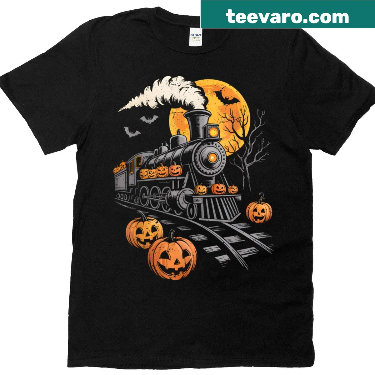 Vintage Halloween t-shirt featuring a train with jack-o-lanterns in a playful design — on a men's t-shirt