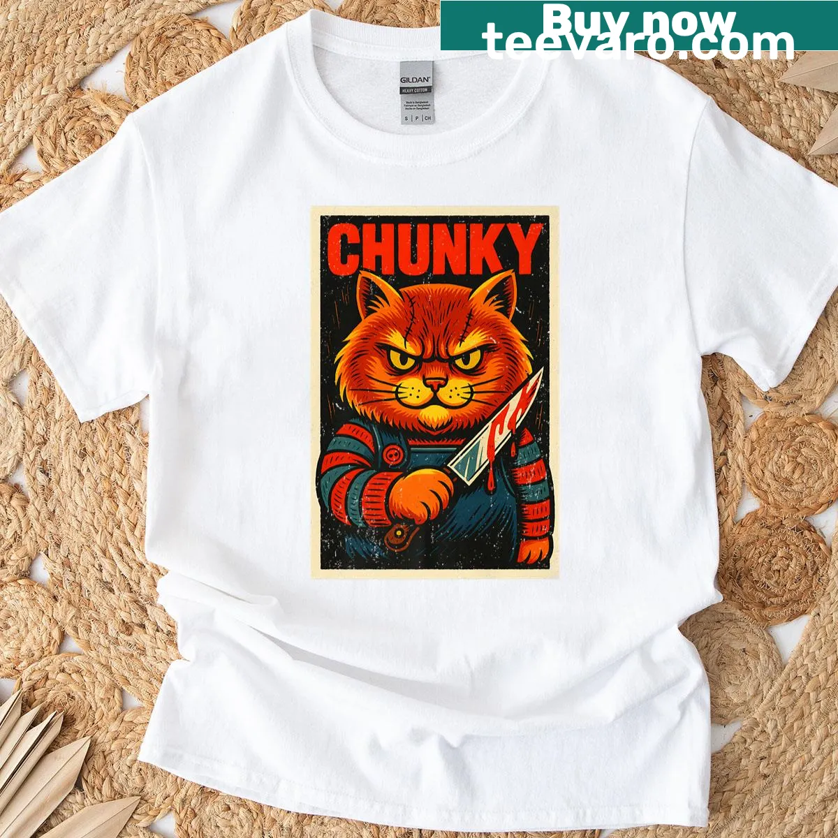 Vintage horror movie poster-style T-shirt with cat design — on a men's t-shirt