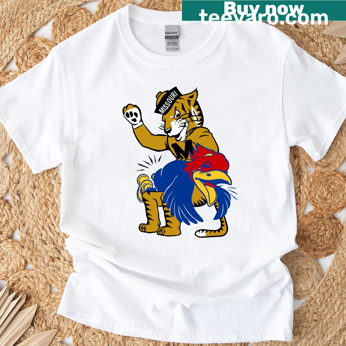 Vintage T-shirt featuring M-U Tigers vs. K-U Jayhawks graphic — on a men's t-shirt