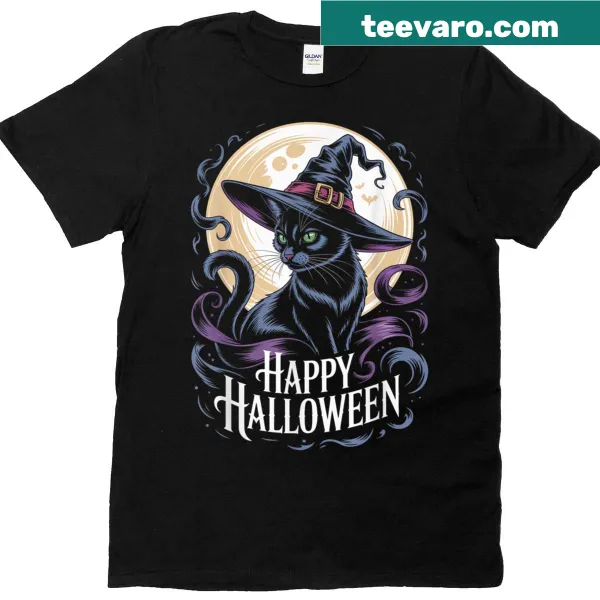Vintage Halloween t-shirt featuring a witch cat under a full moon in a whimsical design