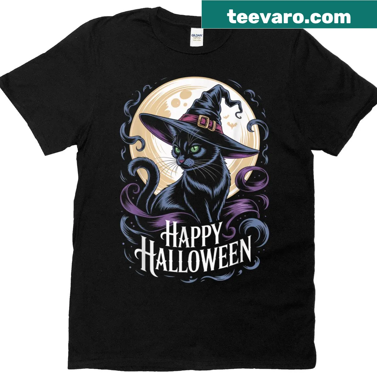 Vintage Halloween t-shirt featuring a witch cat under a full moon in a whimsical design — on a men's t-shirt