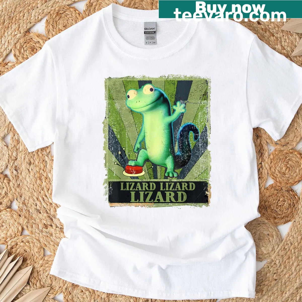 Whimsical lizard meme graphic on a humorous t-shirt — on a men's t-shirt