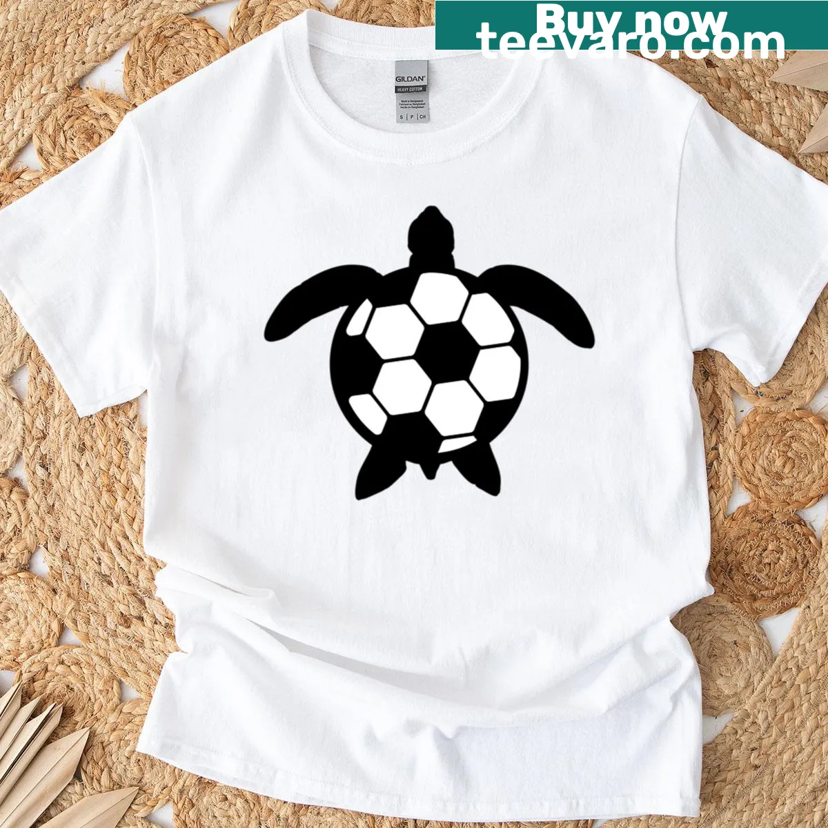 Cartoon water turtle playing football on t-shirt — on a men's t-shirt