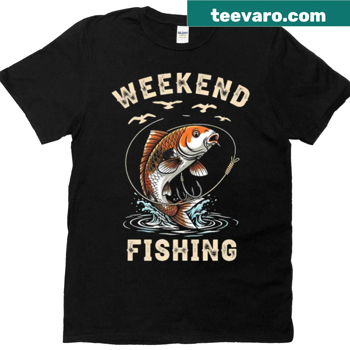 Funny fishing-themed t-shirt celebrating weekend fishing — on a men's t-shirt