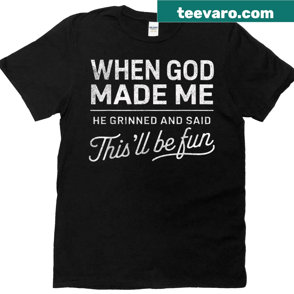 Funny Christian t-shirt with a humorous faith-based message — on a men's t-shirt